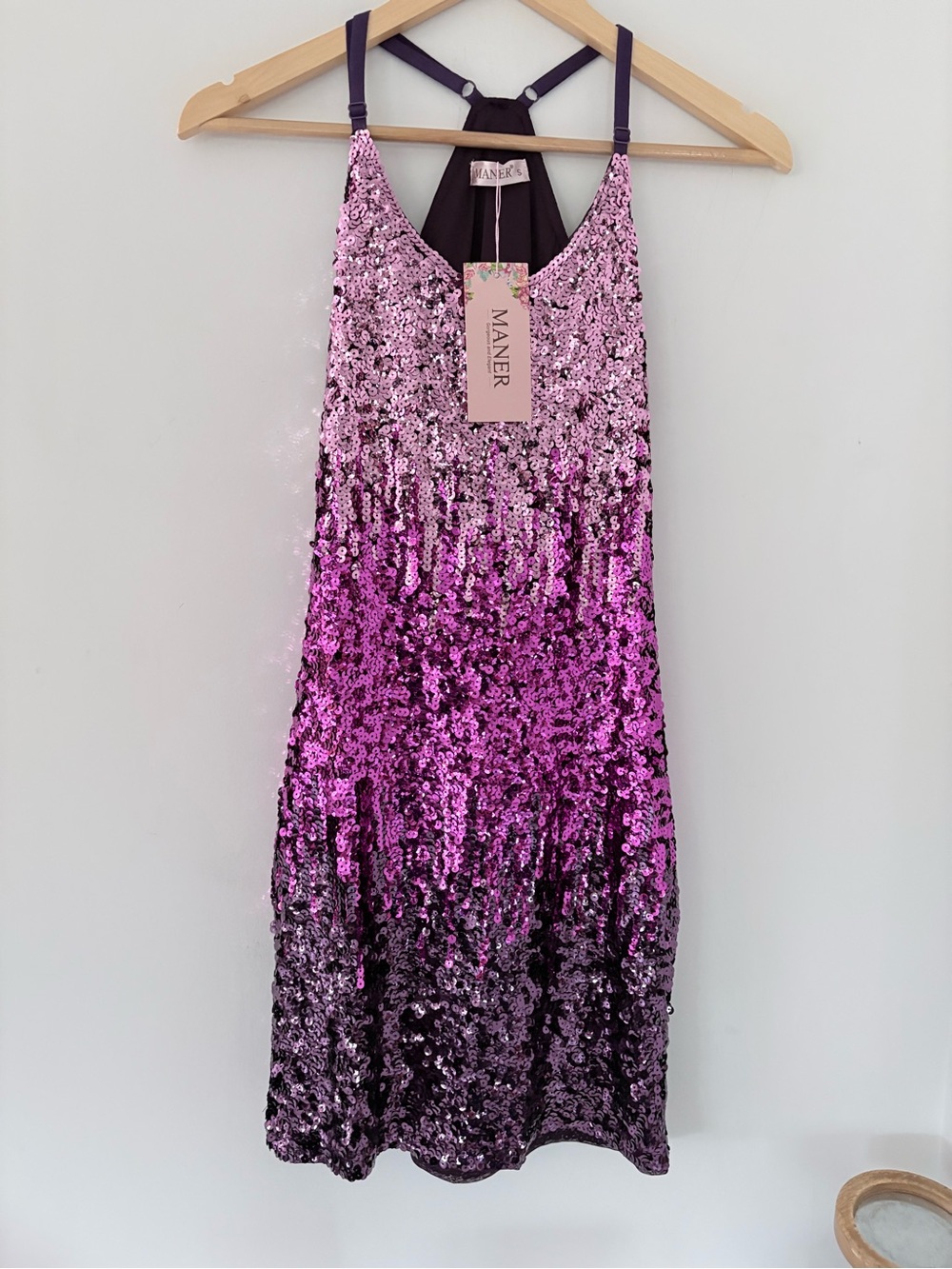 MANER Sequin Mini Dress Spaghetti Strap T-Back Pink Purple Ombre NWT HOCO Party